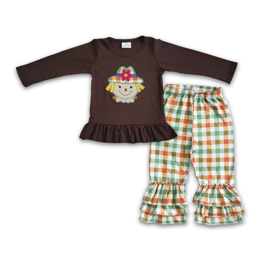 Scarecrow embroidery cotton shirt plaid pants girls fall outfits