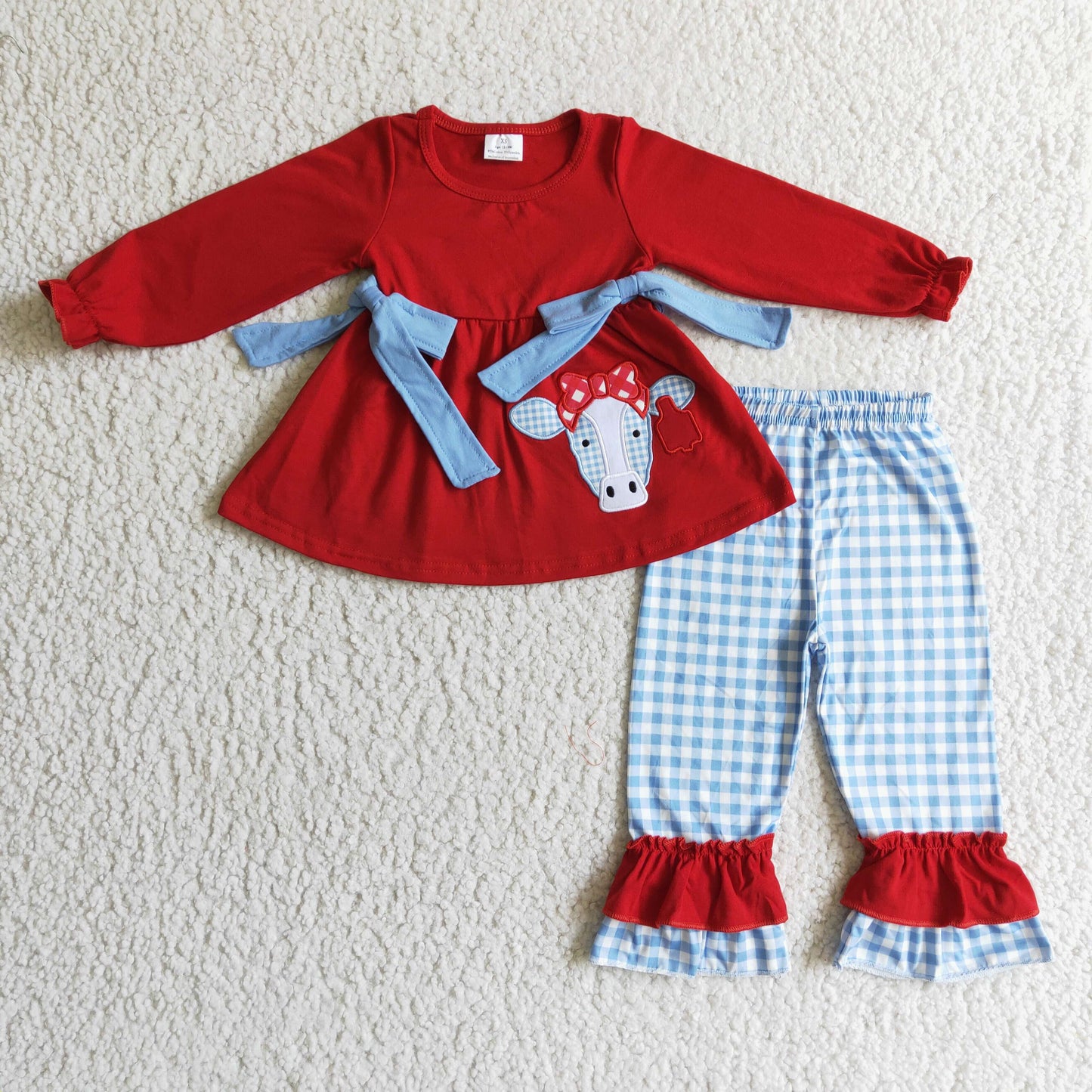 Cow embroidery red tunic plaid pants girls clothing set