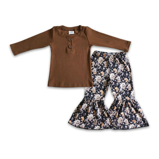 Ribbed cotton shirt floral pants girls fall winter clothes