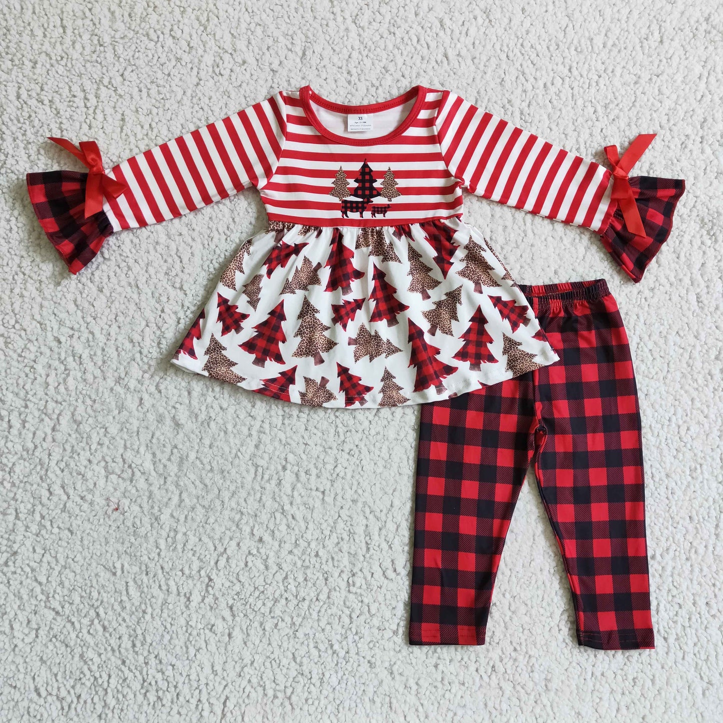 Leopard plaid Christmas tree apparel girls clothing set