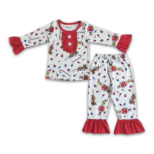 Green face print long sleeve baby girls Christmas pajamas