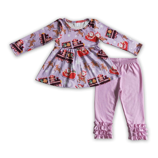 Reindeer santa print tunic leggings girls Christmas clothing set