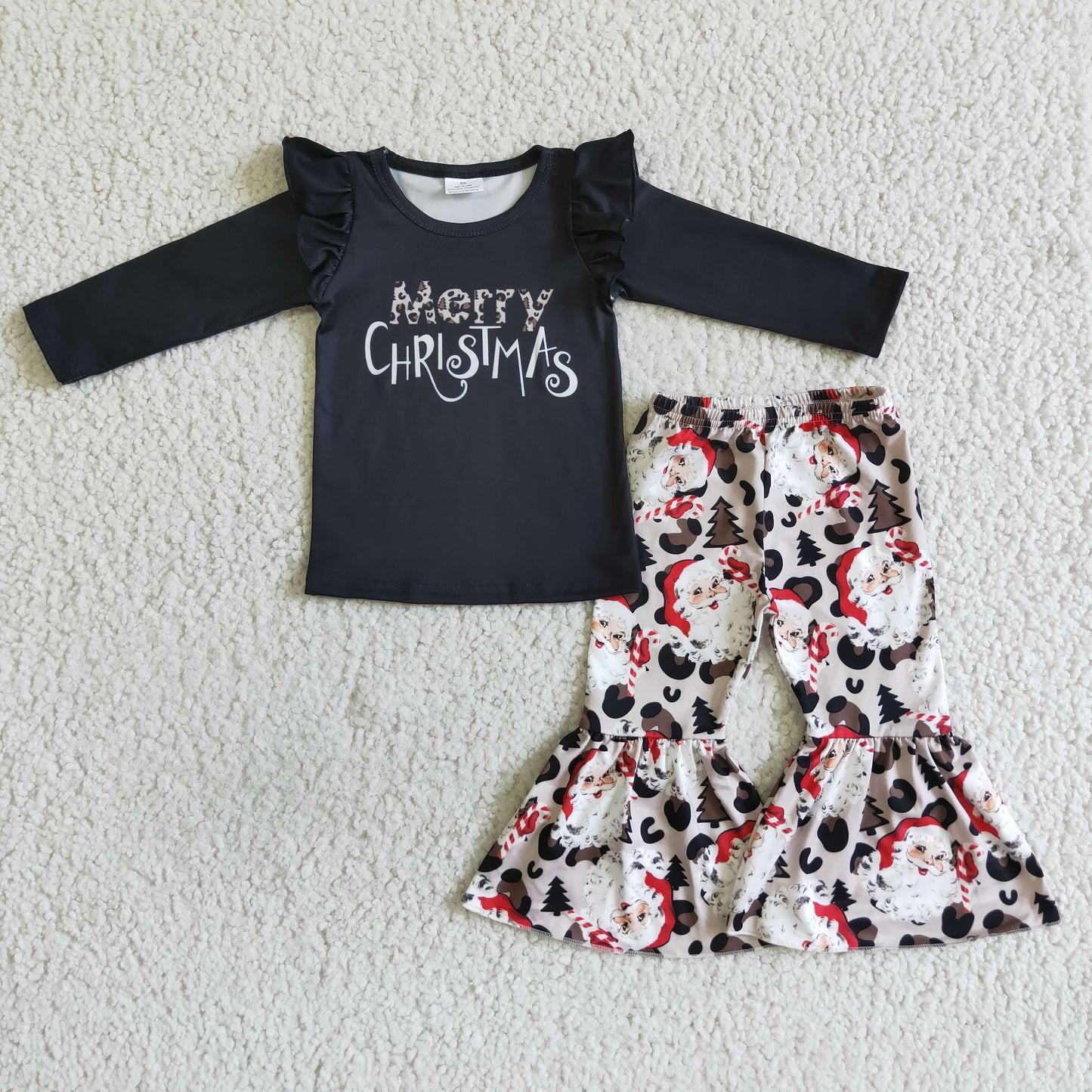 Merry Christmas black shirt santa leopard pants girls clothes