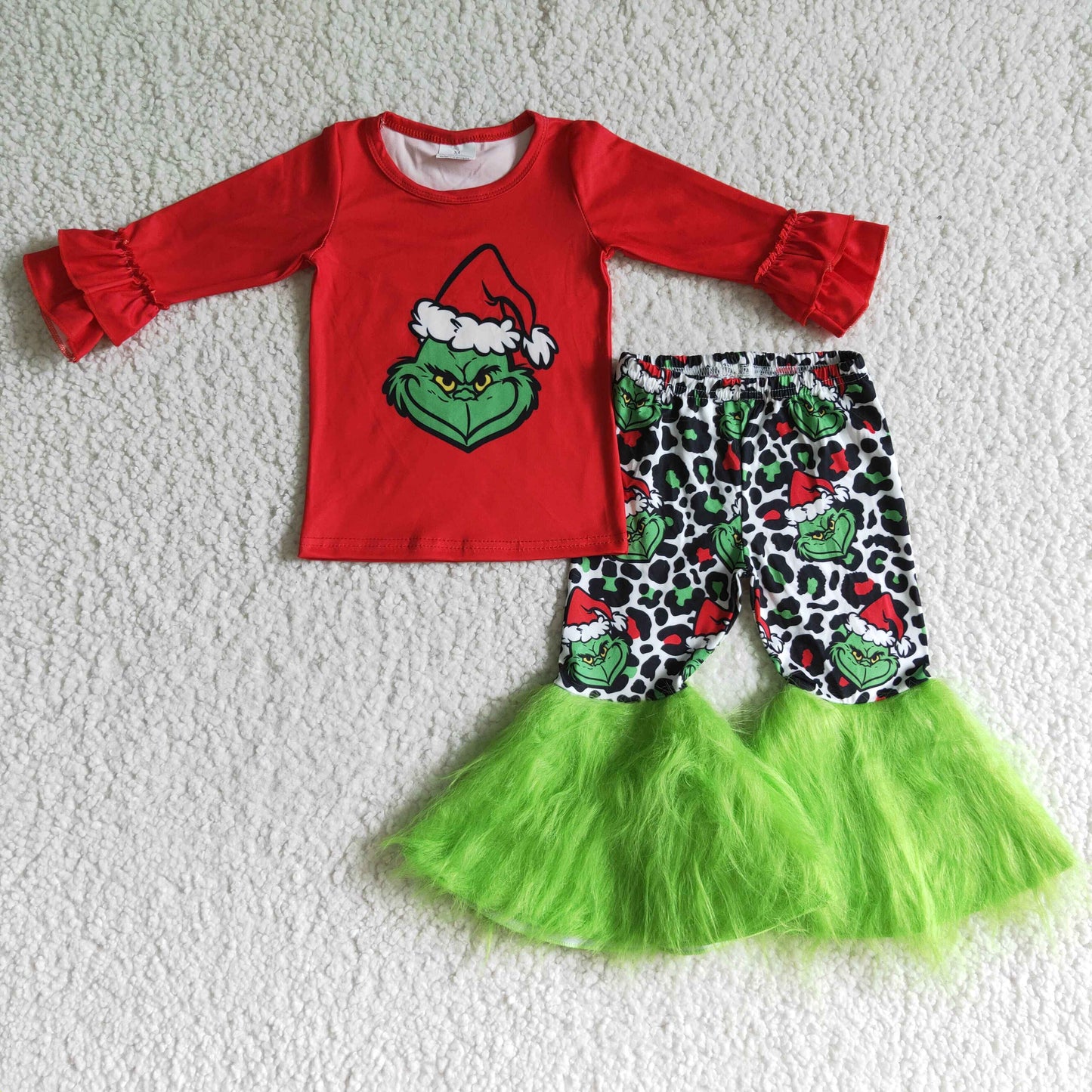 Green face red shirt faux fur bell bottom pants girls Christmas clothes