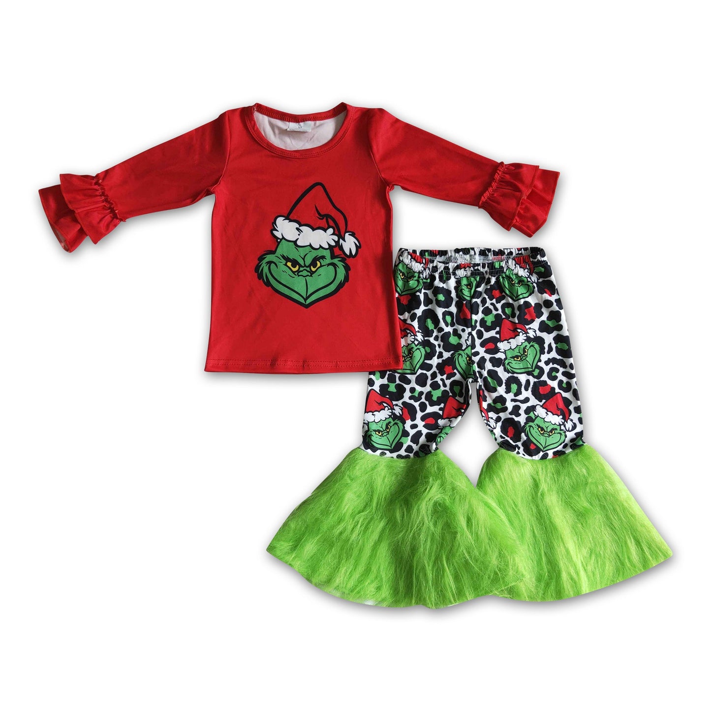 Green face red shirt faux fur bell bottom pants girls Christmas clothes