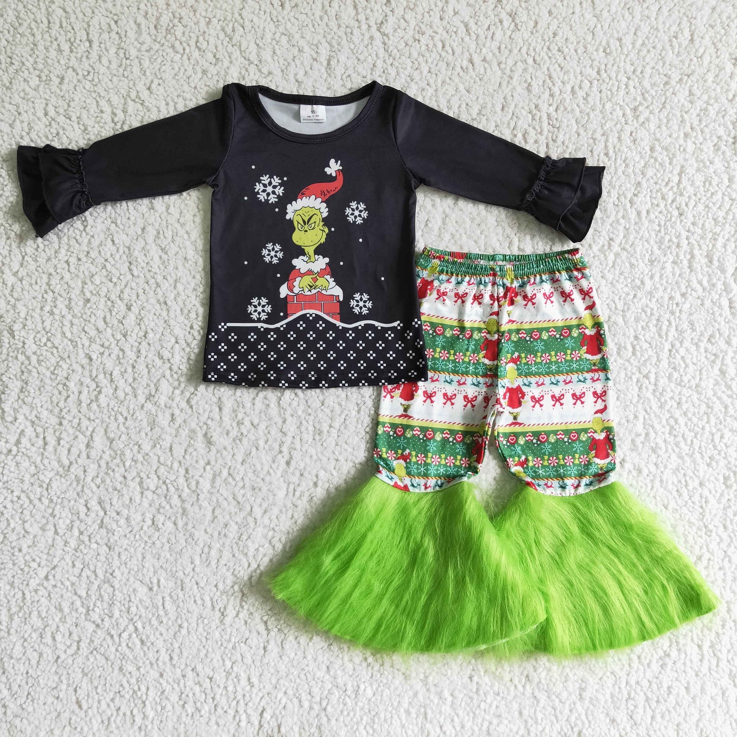 Green face black shirt faux fur bell bottom pants girls Christmas clothes