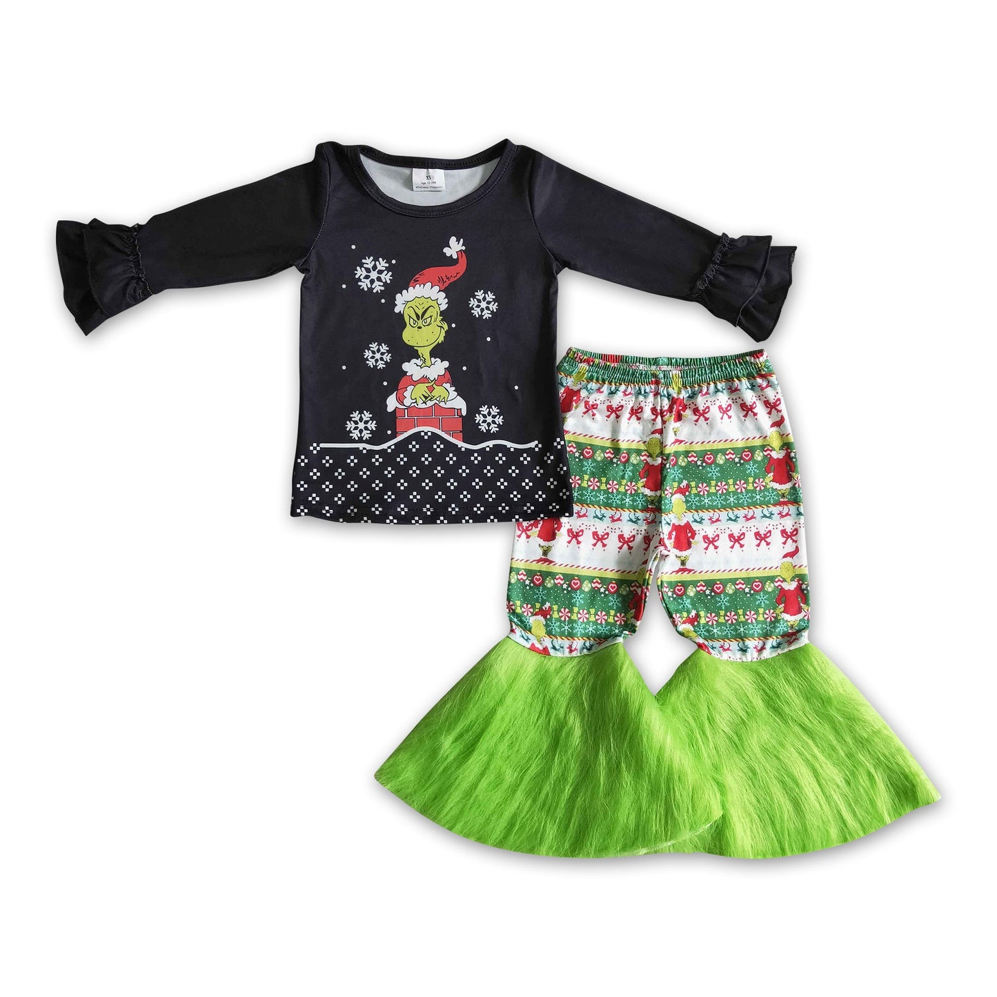 Green face black shirt faux fur bell bottom pants girls Christmas clothes