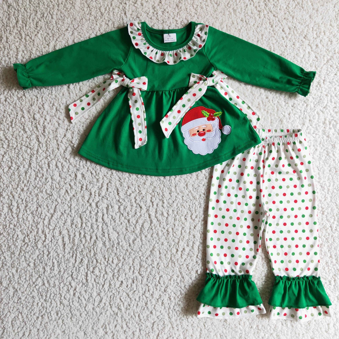 Santa emrboidery cotton tunic polka dots pants kids Christmas clothes