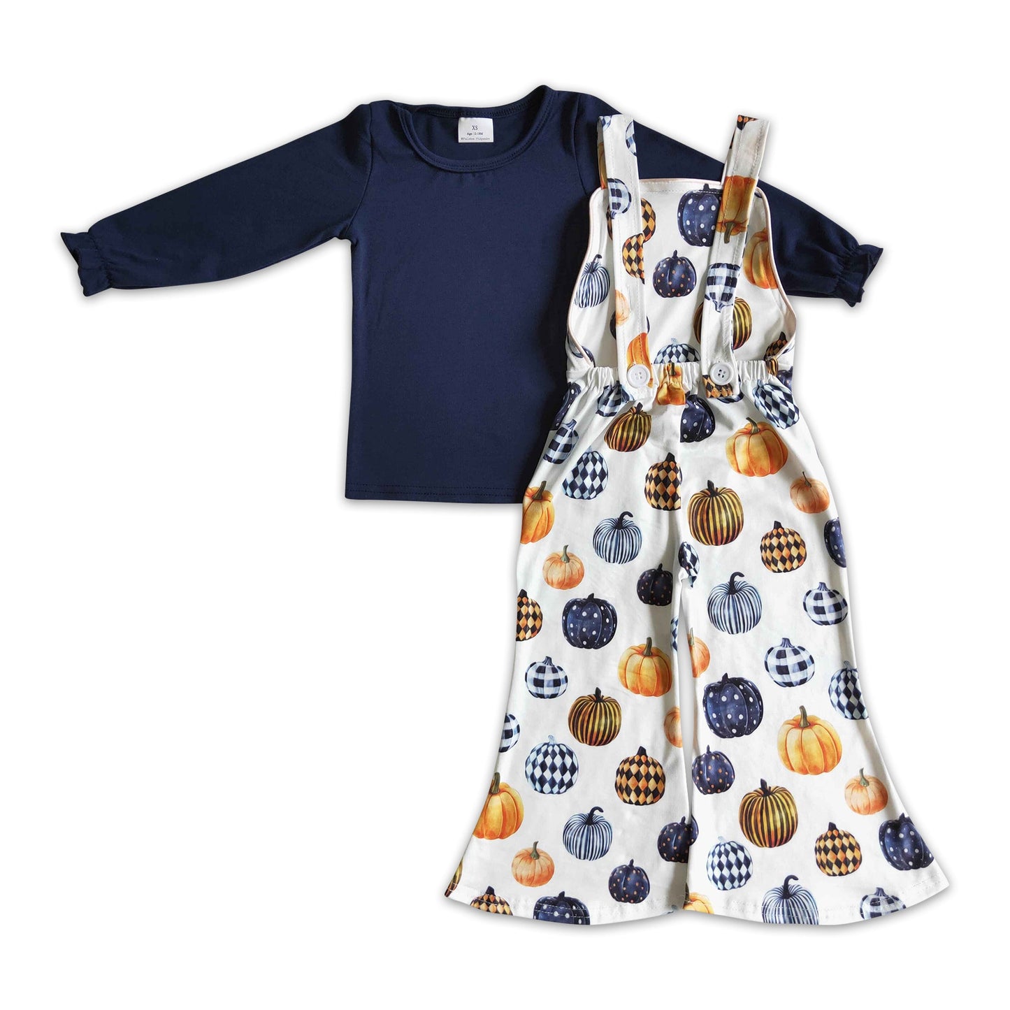 Blue shirt pumpkin overalls baby girls Halloween set