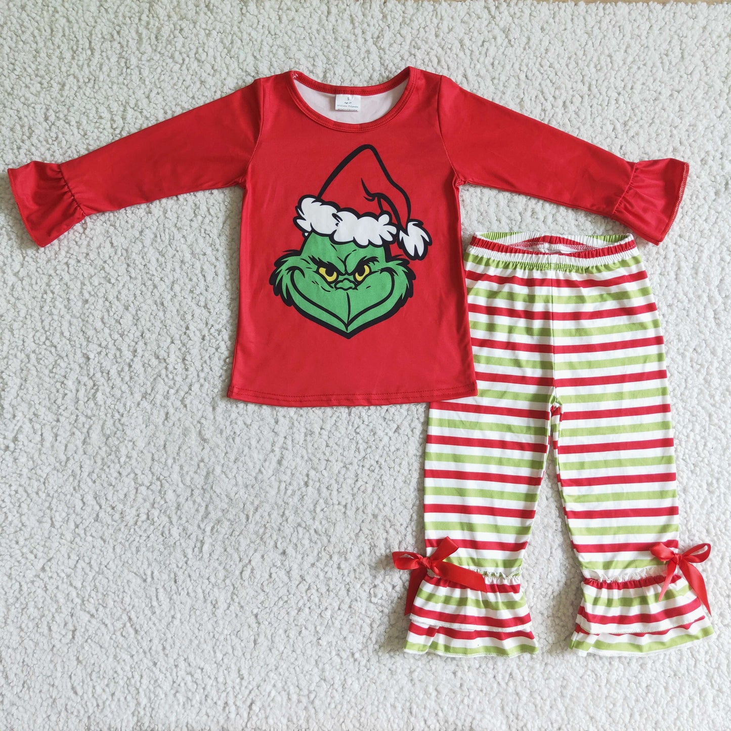 Green face shirt stripe ruffle pants kids Christmas clothing