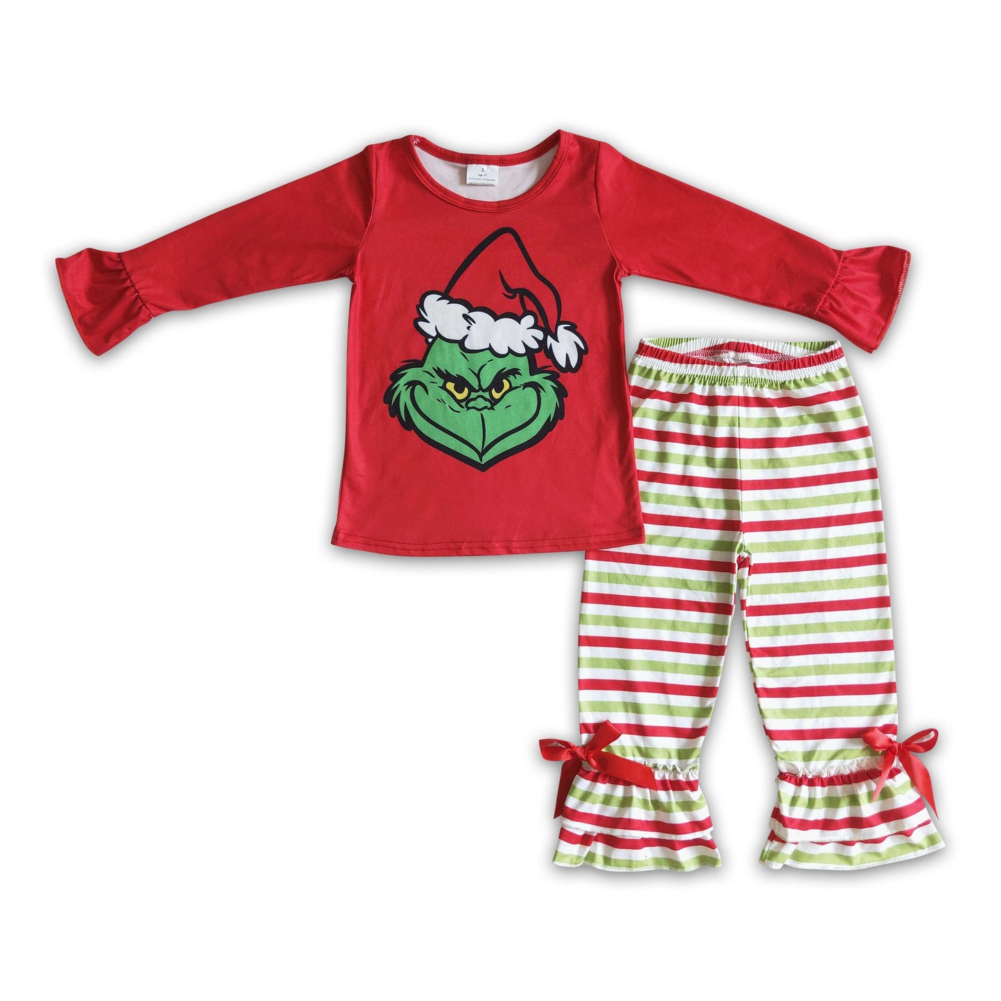 Green face shirt stripe ruffle pants kids Christmas clothing