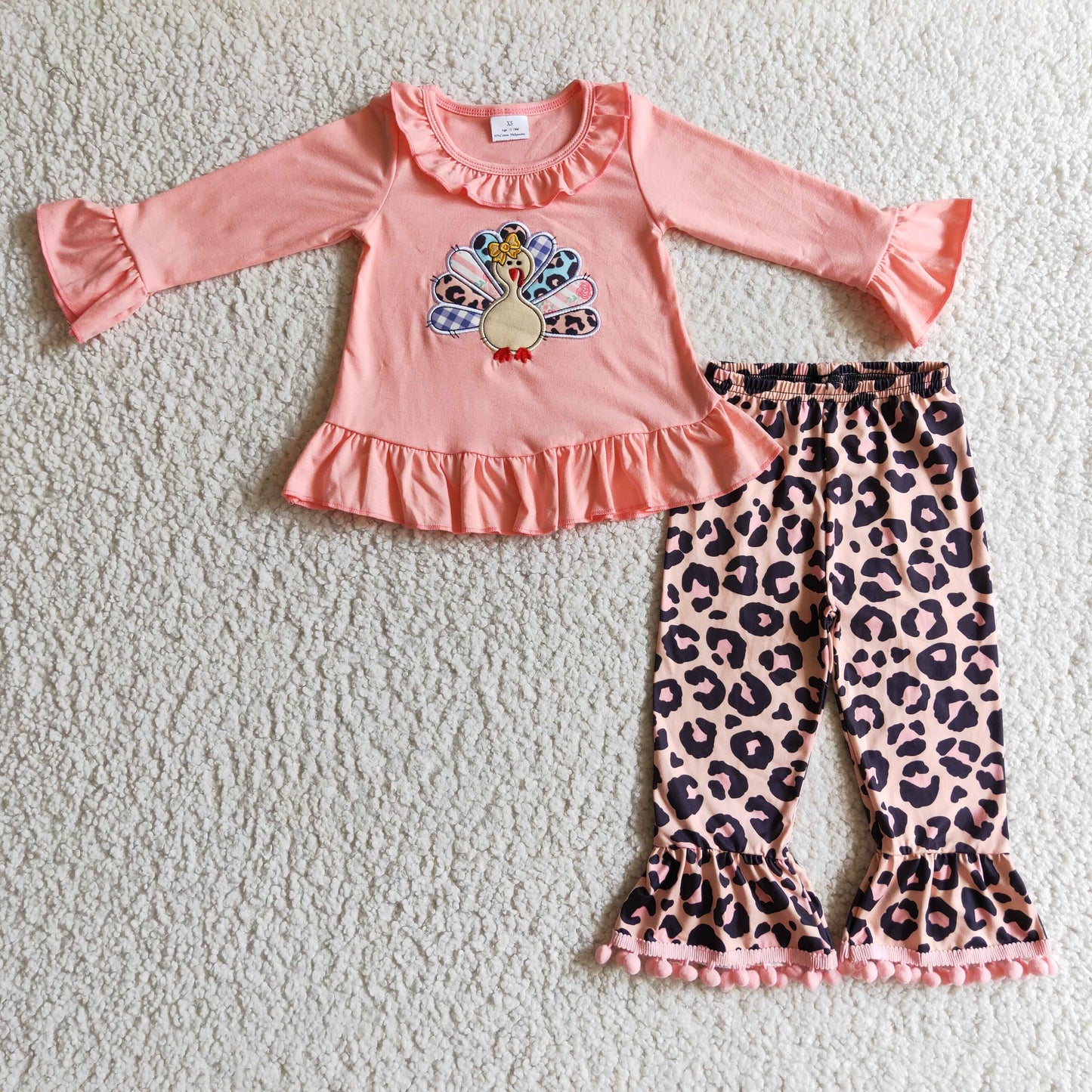 Pink turkey shirt leopard pants girls Thanksgiving clothes