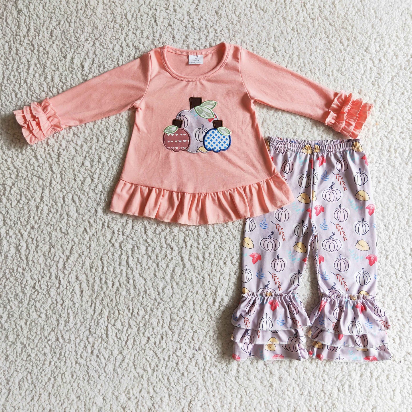 Pink pumpkin embroidery triple ruffle pants girls fall clothes