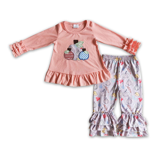 Pink pumpkin embroidery triple ruffle pants girls fall clothes