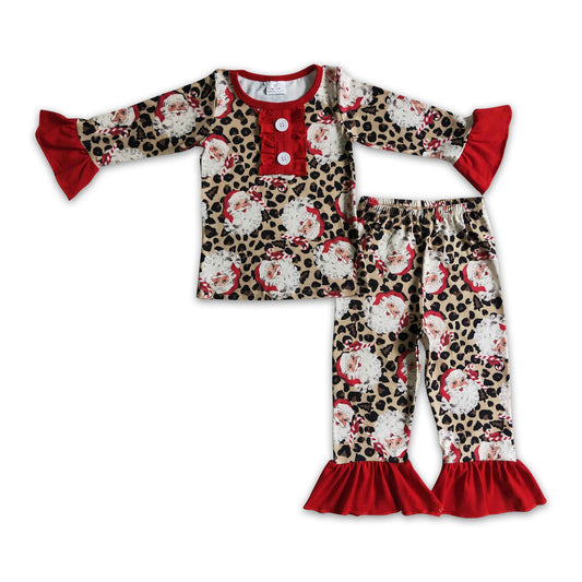 Leopard santa kids girls Christmas pajamas set