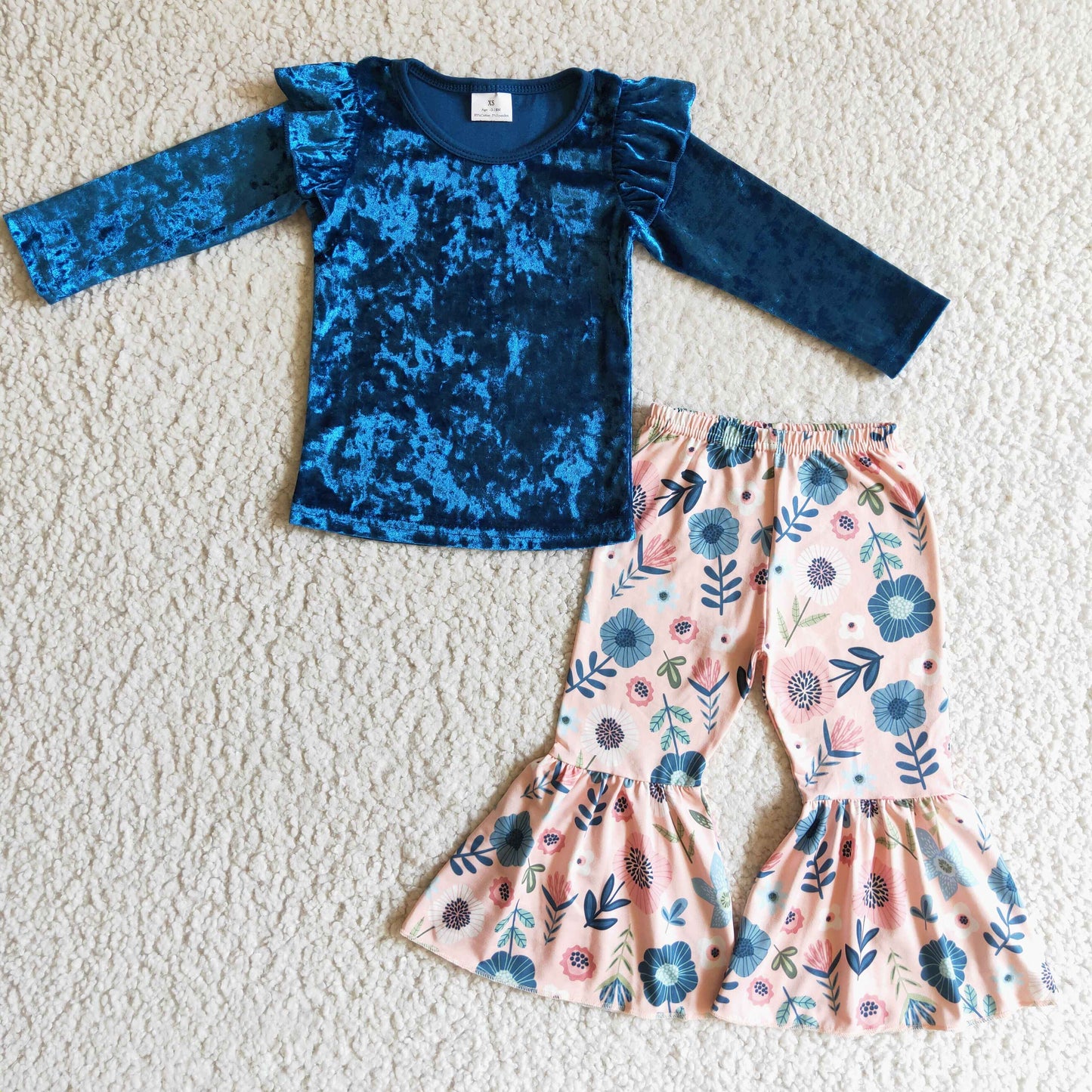 Blue velvet shirt floral bell bottom pants baby kids fall clothes