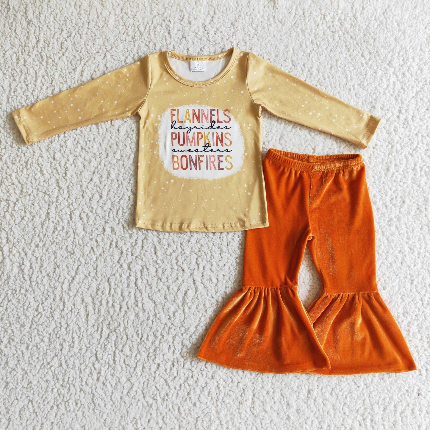 Long sleeves bleached shirt velvet pants girls pumpkin clothing