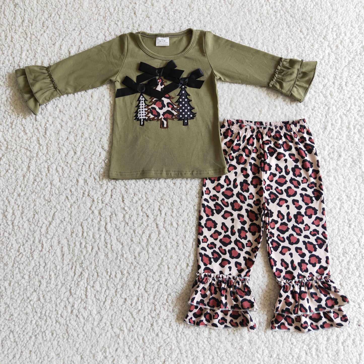 Christmas tree embroidery olive shirt leopard pants girls clothes