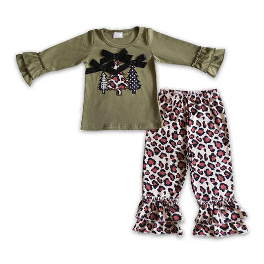 Christmas tree embroidery olive shirt leopard pants girls clothes