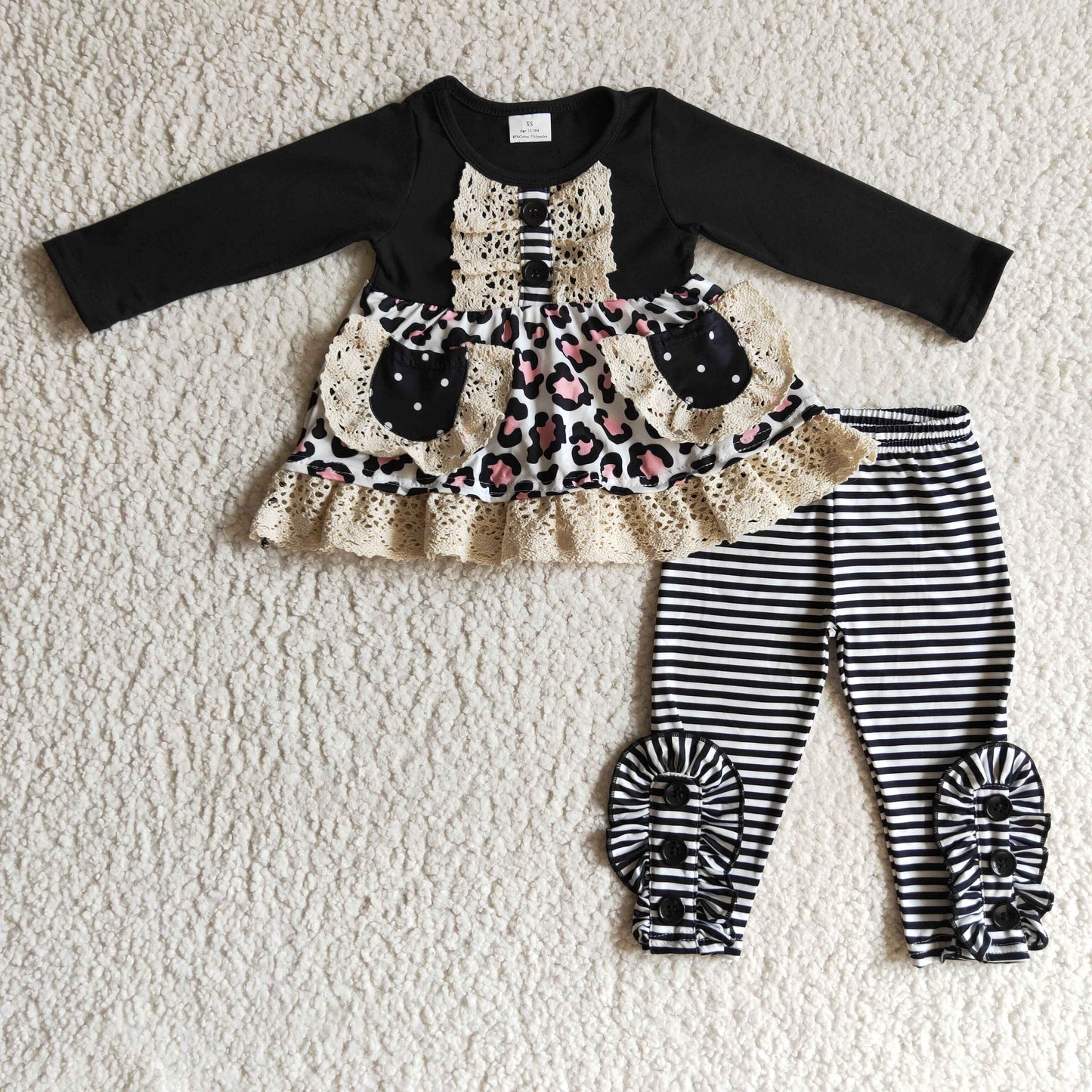 Black leopard pocket tunic stripe leggings kids fall clothes