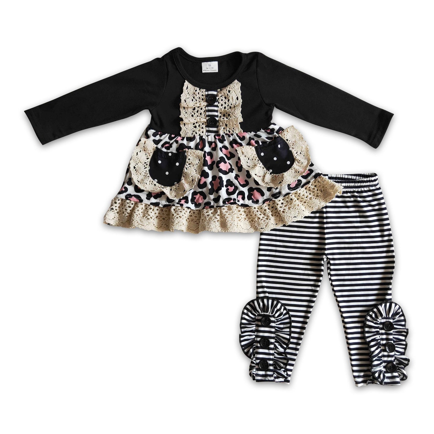 Black leopard pocket tunic stripe leggings kids fall clothes