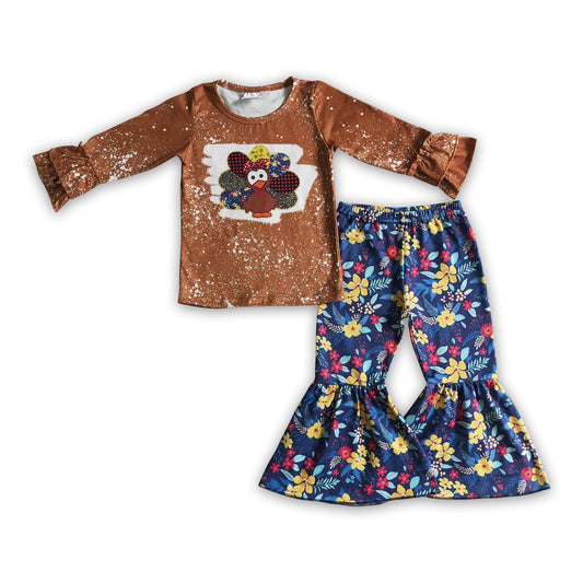 Turkey bleached shirt floral pants girls Thanksgiving clothing