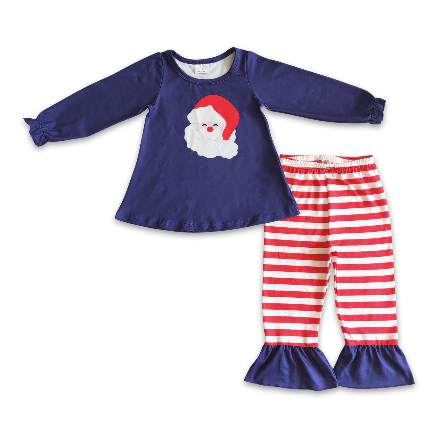 Navy santa tunic stripe pants girls Christmas clothing set