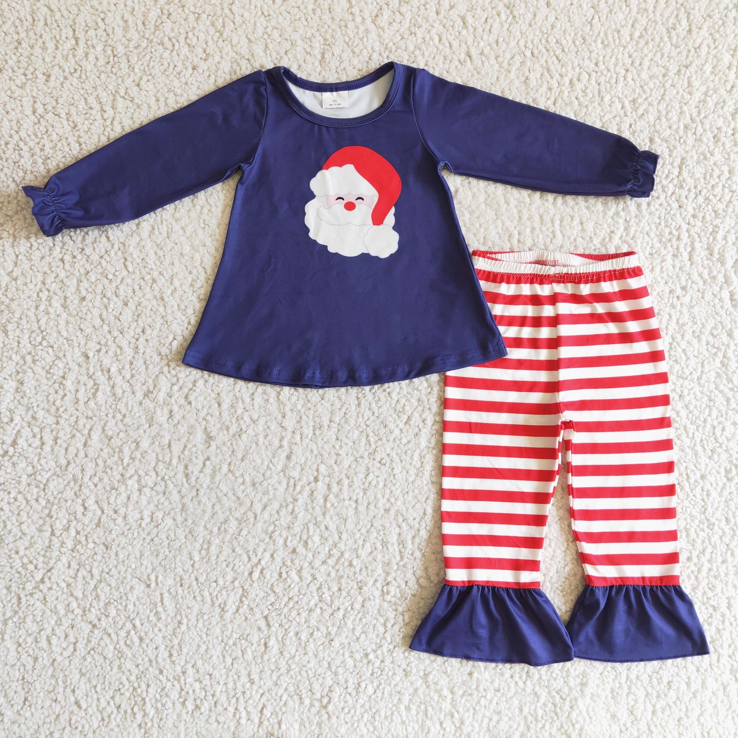 Navy santa tunic stripe pants girls Christmas clothing set