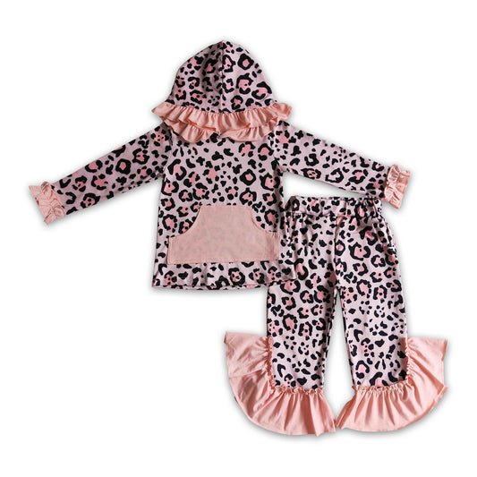 Pink leopard hoodie ruffle pocket pants girls clothing set