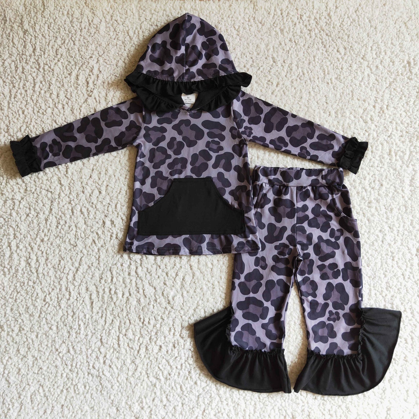 Black leopard hoodie pocket ruffle pants girls fall clothing