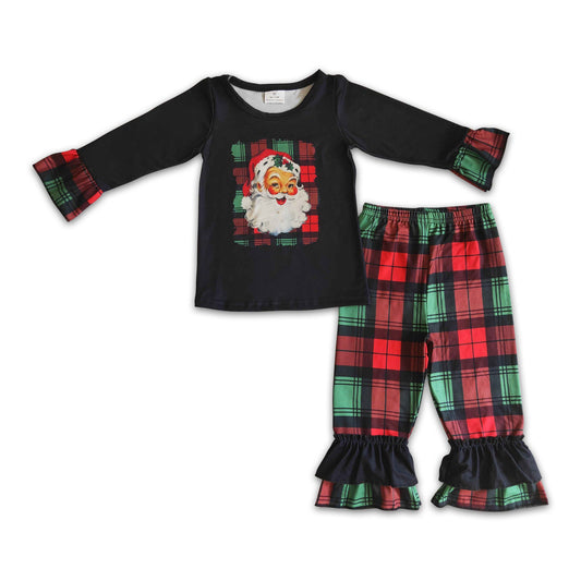 Plaid santa ruffle shirt ruffle pants kids girls Christmas outfits