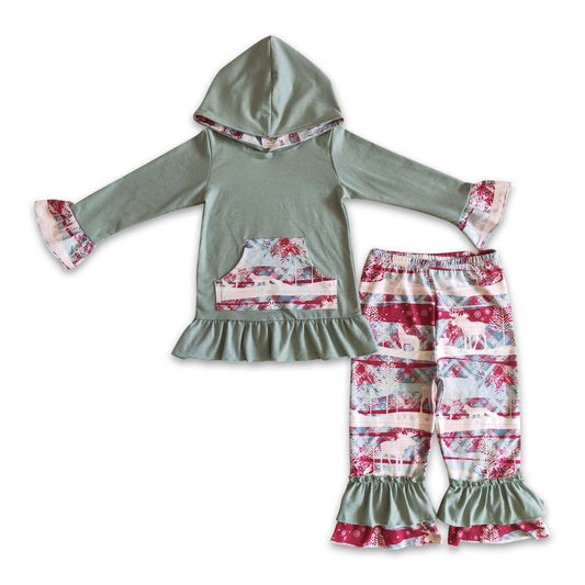 Reindeer plaid ruffle hoodie pants baby girls Christmas outfits