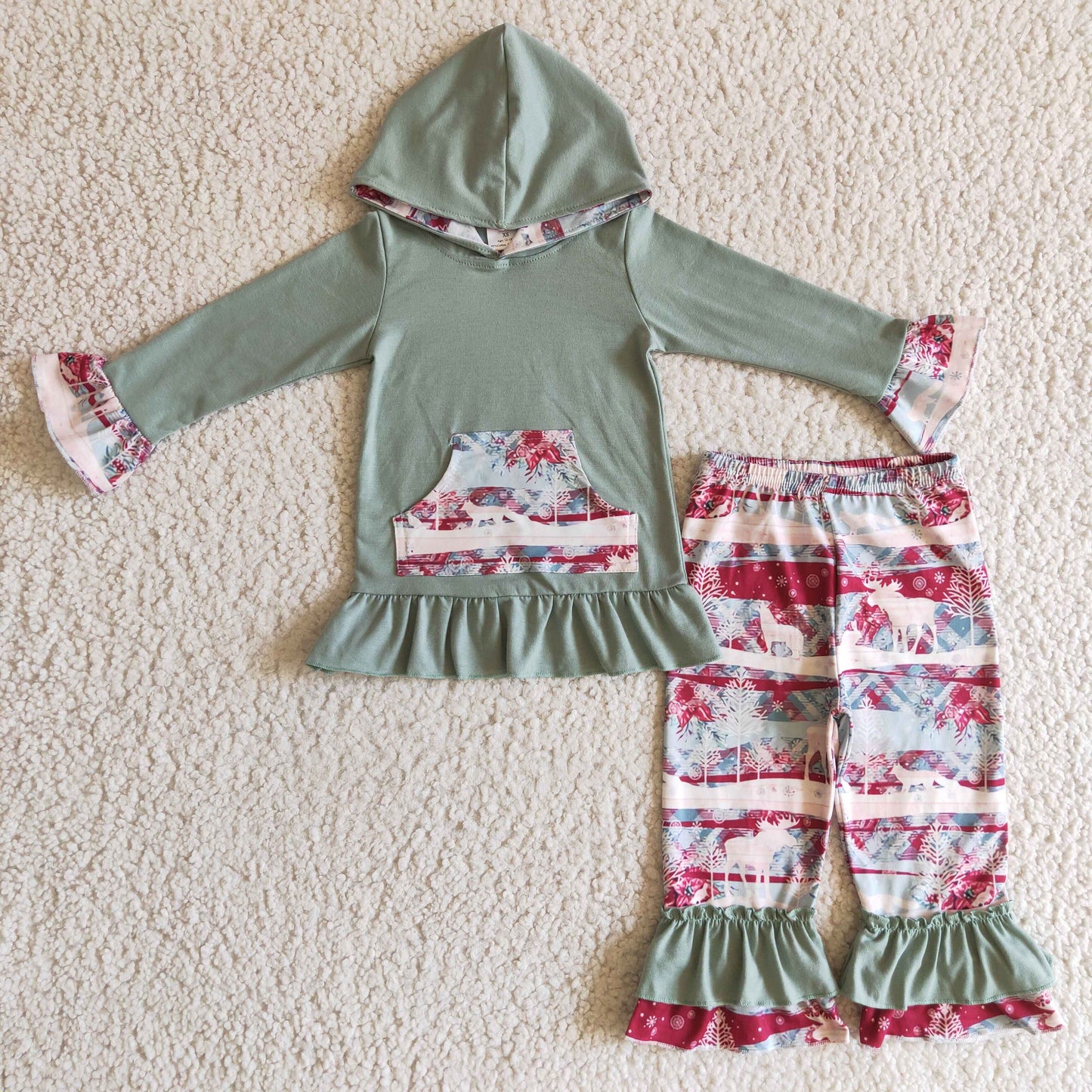 Reindeer plaid ruffle hoodie pants baby girls Christmas outfits