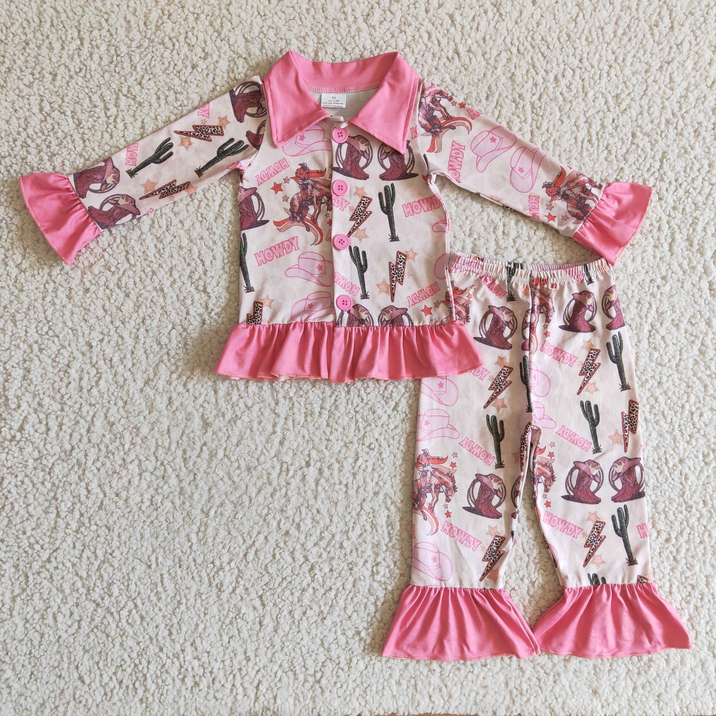 Pink howdy cactus boots hat girls western pajamas