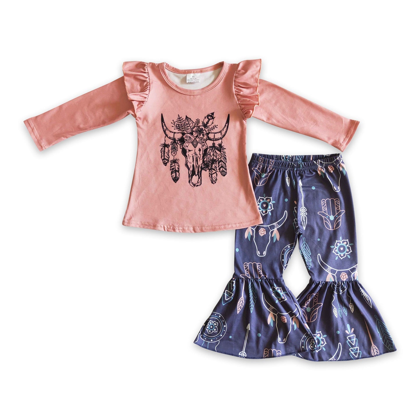 Bull skull feather print kids girls clothing set