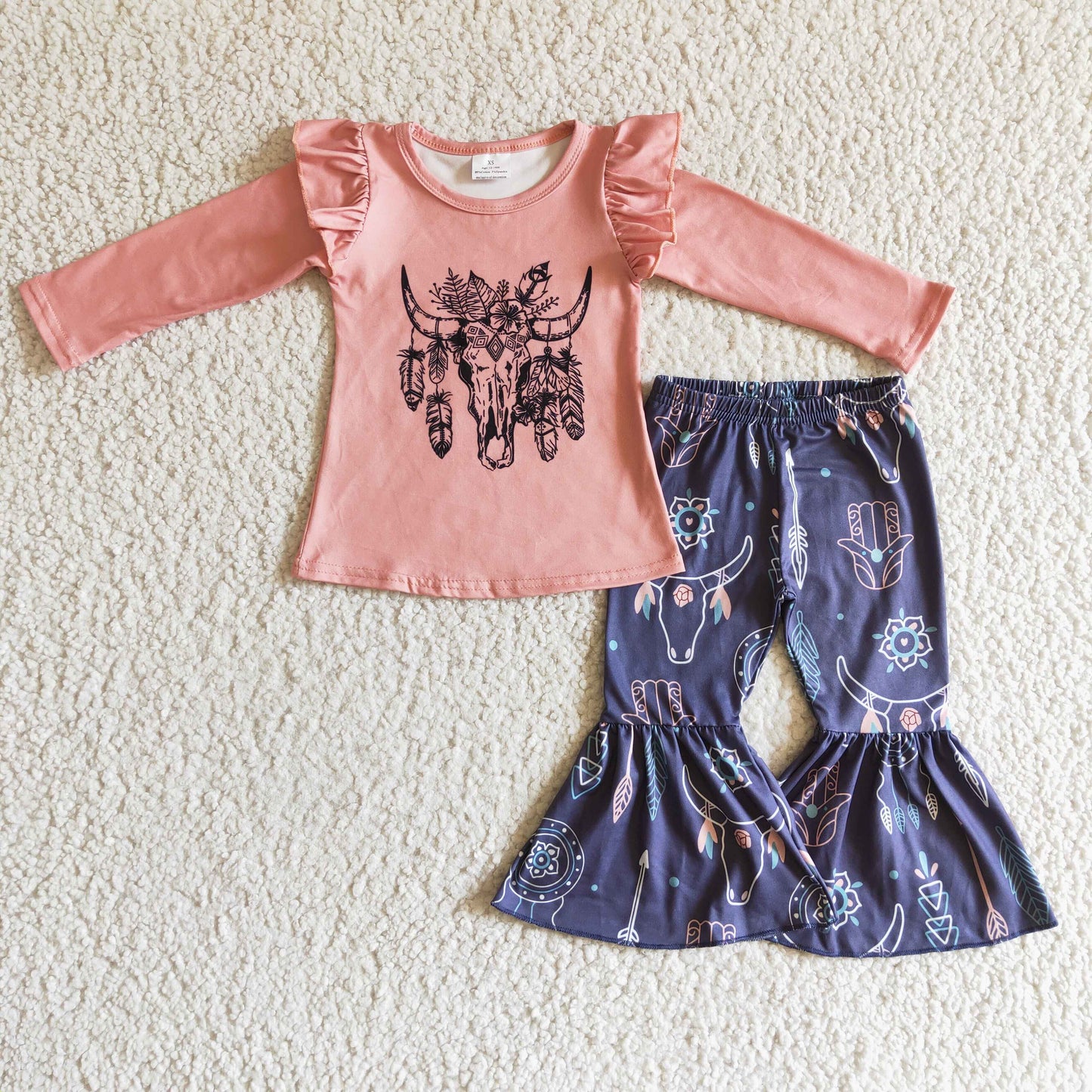 Bull skull feather print kids girls clothing set