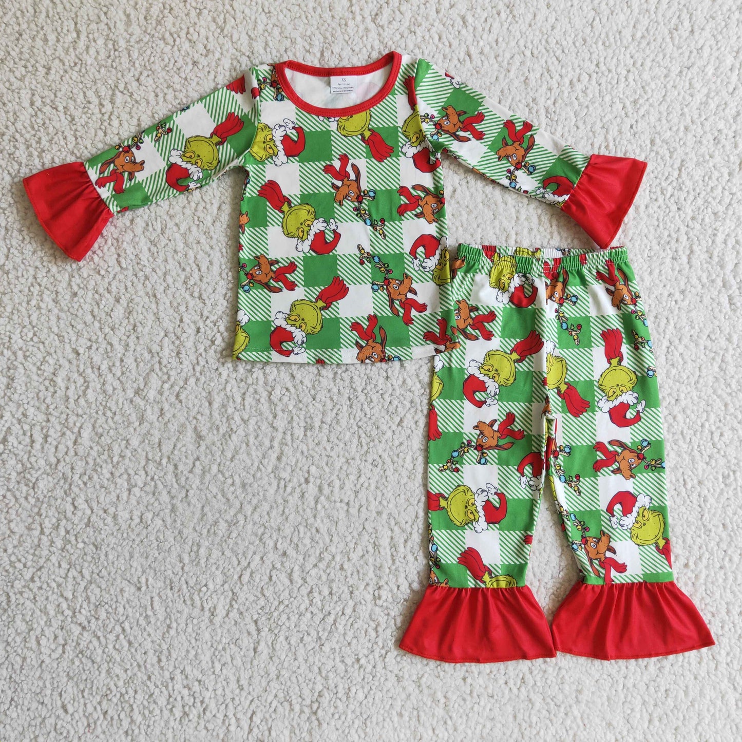 Green face plaid kids girls Christmas pajamas