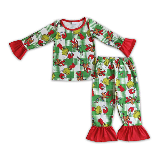 Green face plaid kids girls Christmas pajamas