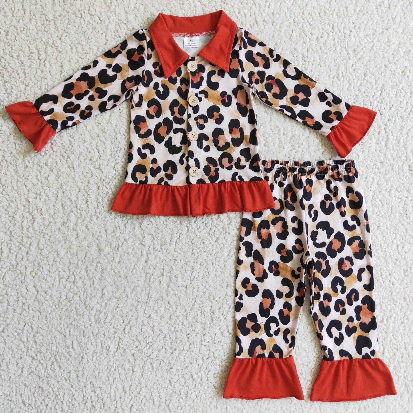 Leopard long sleeves girls ruffle pajamas