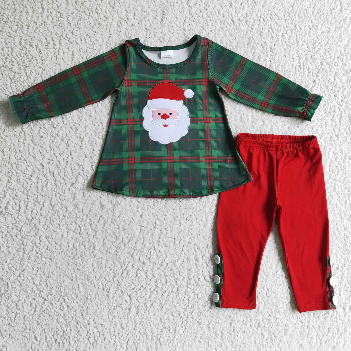 Green red plaid santa embroidery red leggings girls Christmas clothes