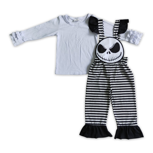 White shirt skull embroidery stripe overalls girls Halloween clothes