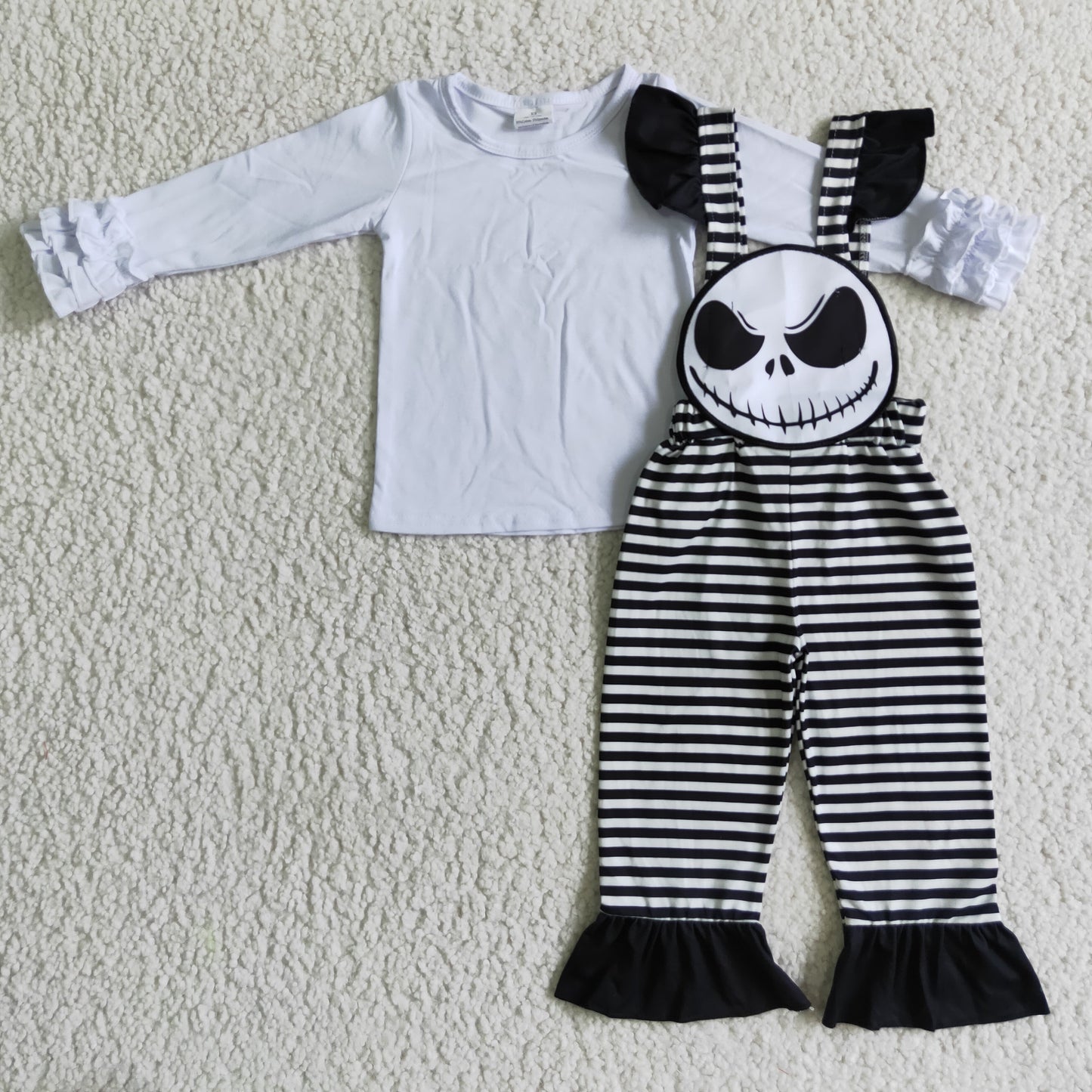 White shirt skull embroidery stripe overalls girls Halloween clothes