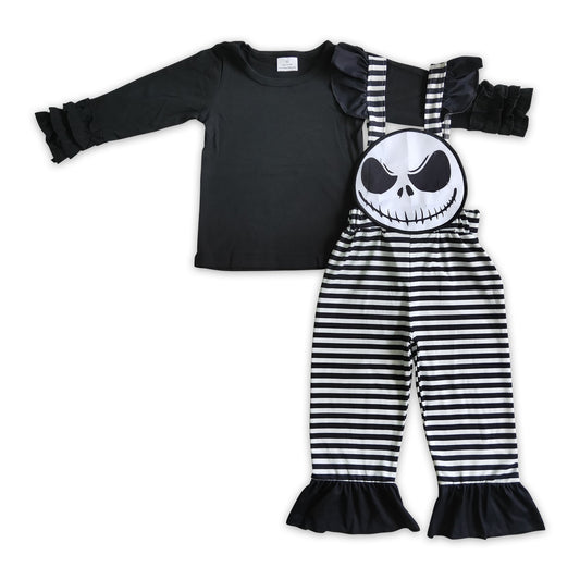 Black shirt skull embroidery stripe overalls girls Halloween clothes