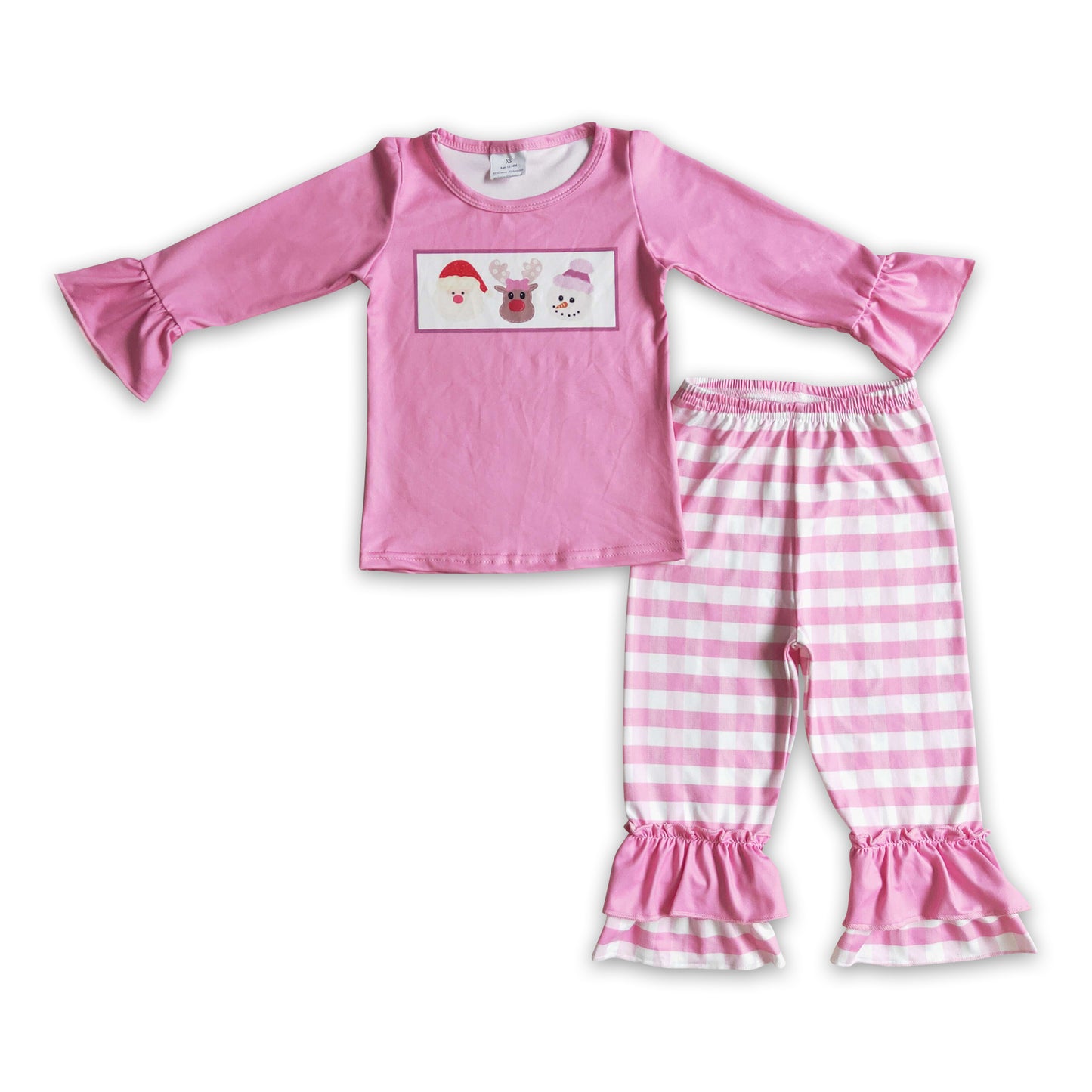 Santa deer snowman shirt plaid pants pink girls Christmas clothes