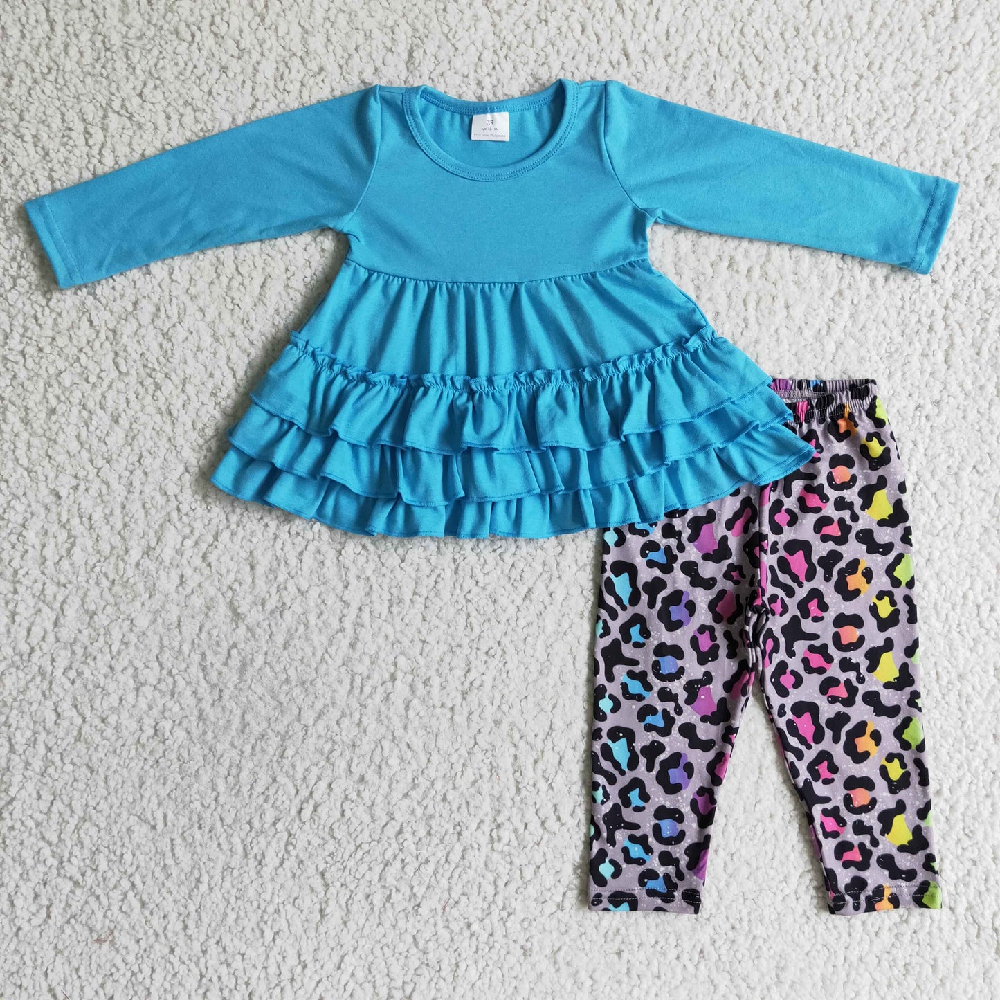 Blue cotton ruffle tunic leopard leggings girls clothes