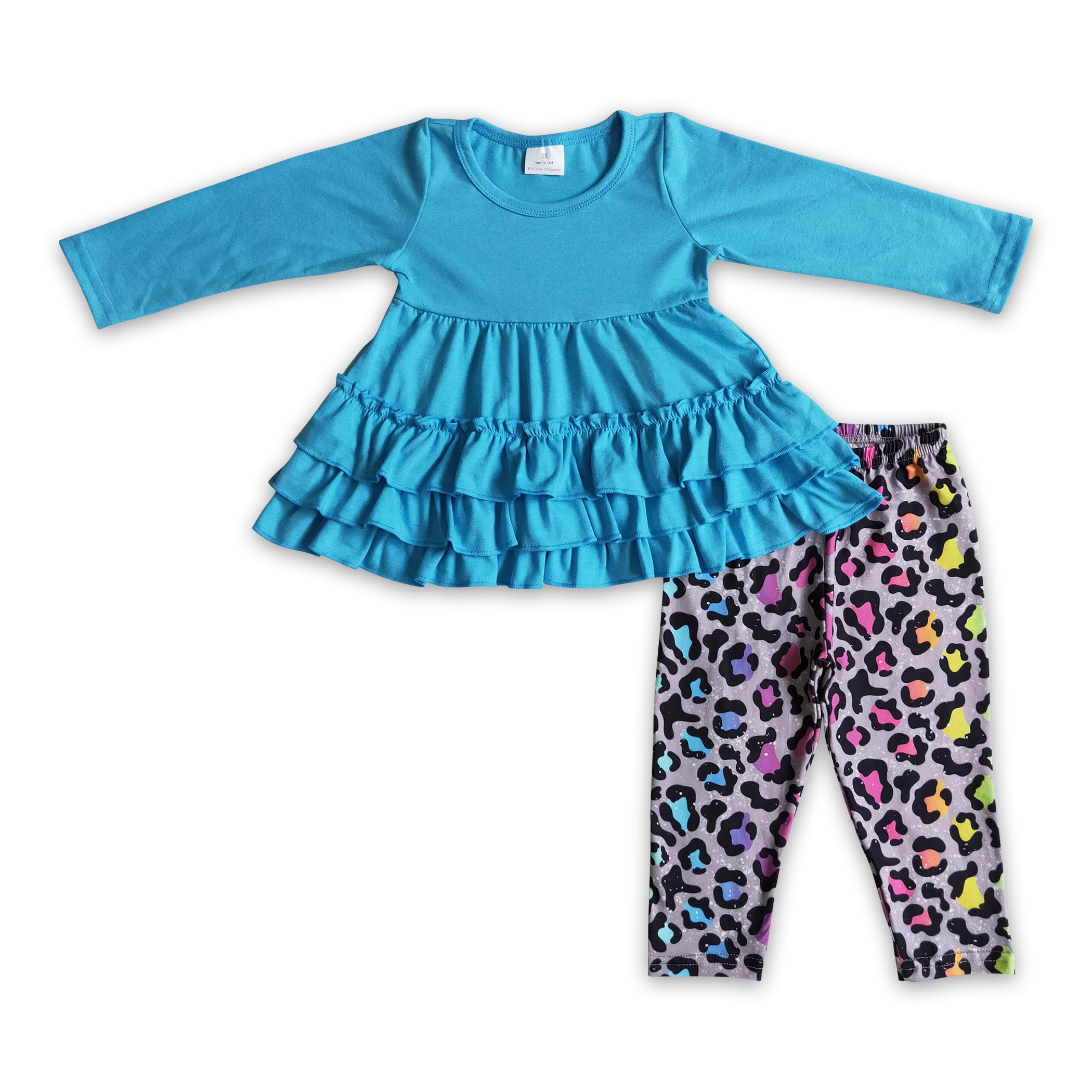 Blue cotton ruffle tunic leopard leggings girls clothes – Western Kids ...