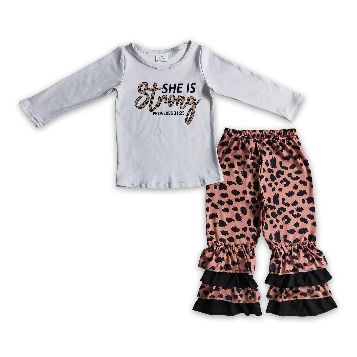 She is strong shirt leopard ruffle pants girls clothing set