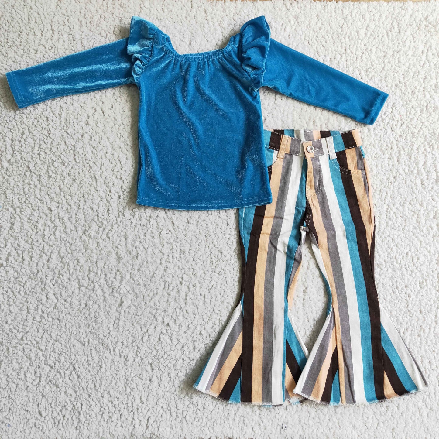 Blue velvet shirt match stripe jeans girls outfits