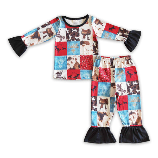 Paisley horse cow patchwork kids girls western pajamas