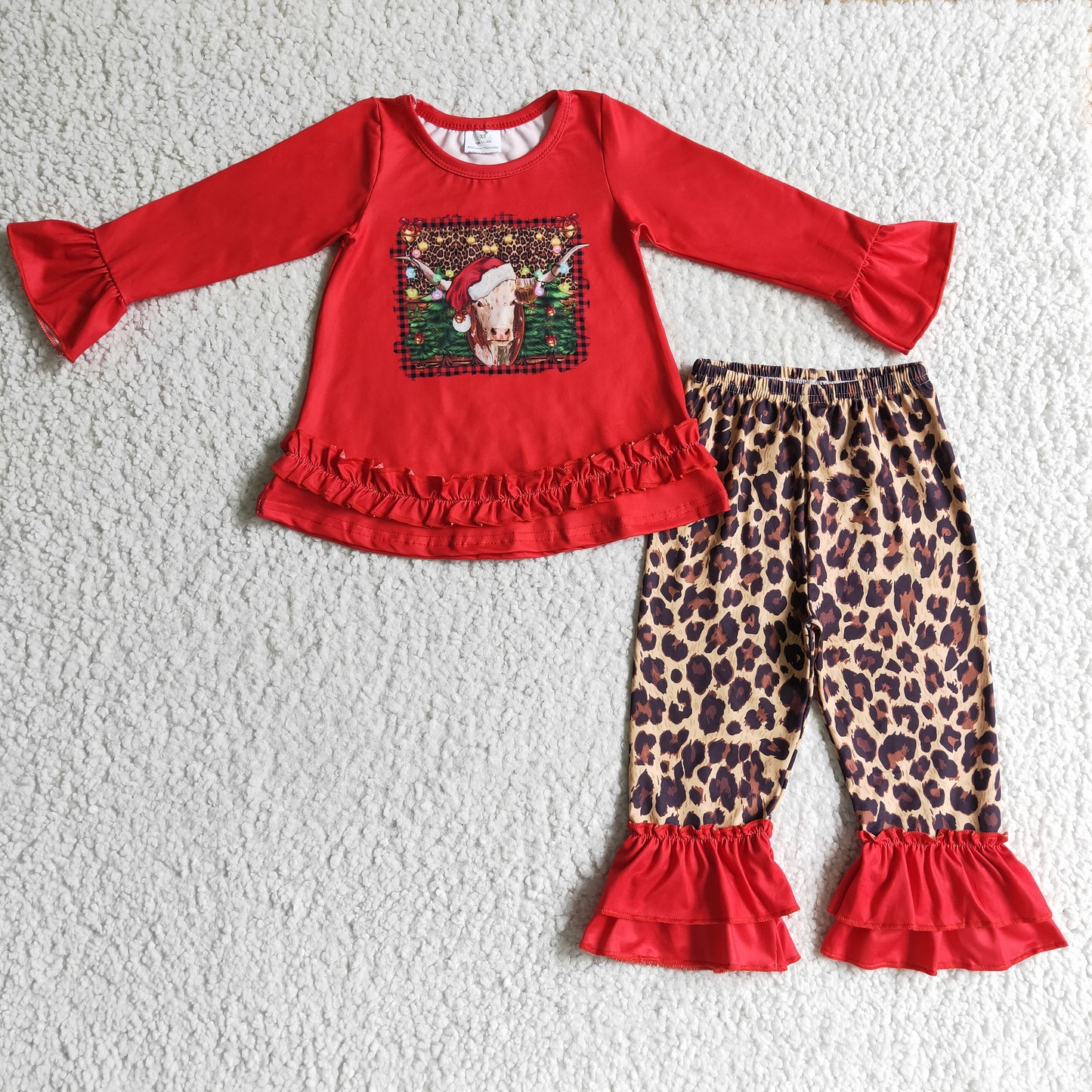 Cow hat red shirt leopard pants girls Christmas clothing